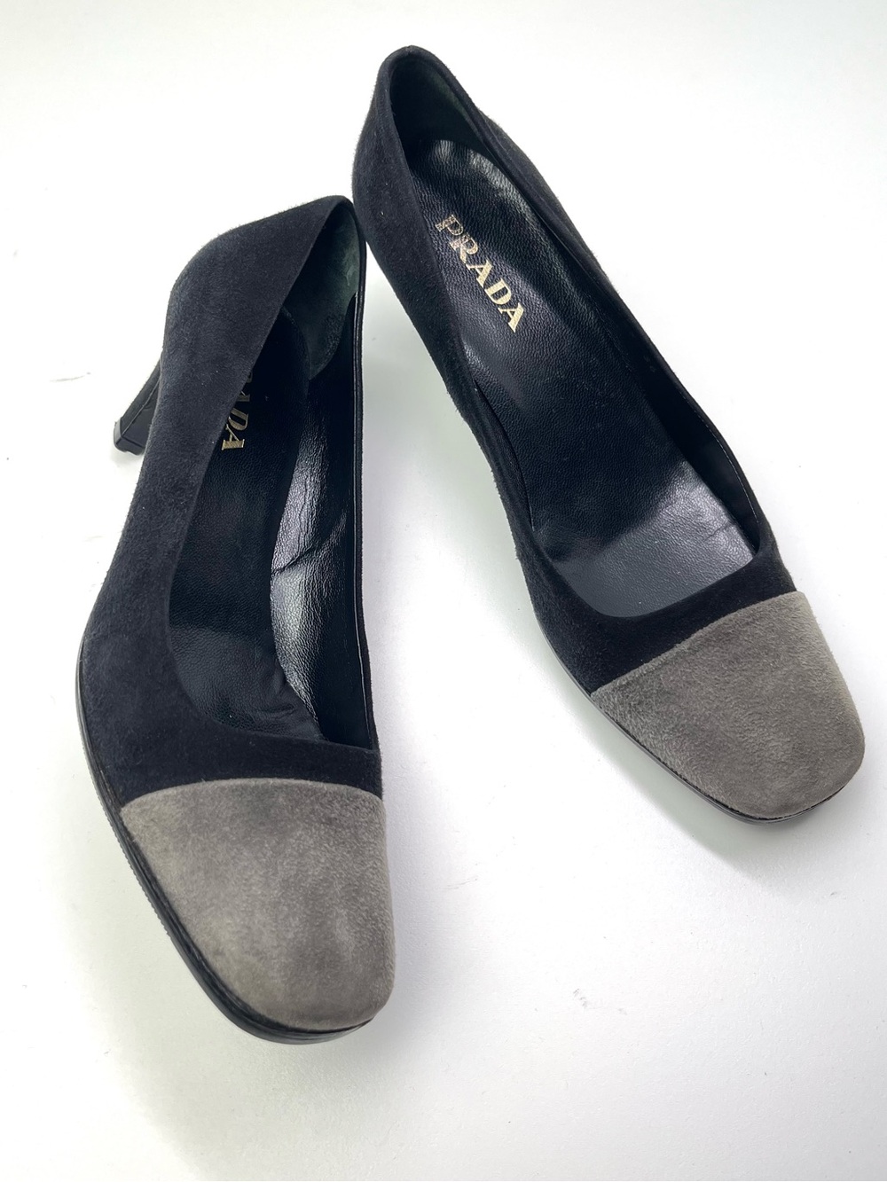 Prada Suede Leather Grey Black Color Block Minimalist Heels Pumps